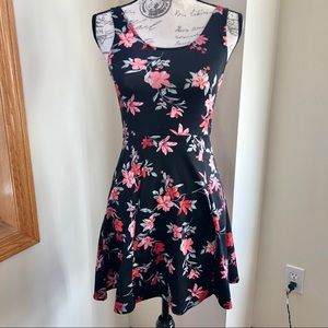 Black and Coral Floral Skater Dress
